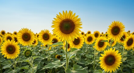 Obraz premium Vibrant Sunflower Field Landscape Under a Blue Sky