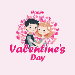 Romantic Valentine's Day Vector Illustration with Cute Couple Hugging and Heart Background