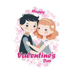 Romantic Valentine's Day Vector Illustration with Cute Couple Hugging and Heart Background