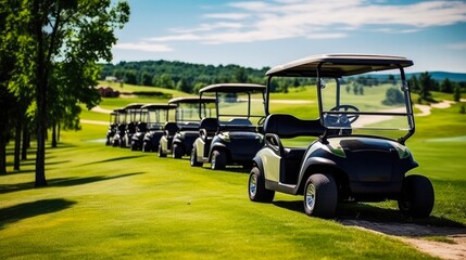 Efficient and Eco-Friendly Electric Golf Carts Lined Up on a Scenic Golf Course