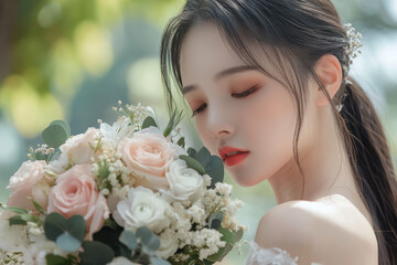 Naklejka premium Portrait of Beautiful Bride Holding Elegant Flower Bouquet Outdoors