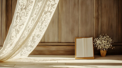 Sheer curtain drapes against rustic wood wall, open book, flowers.
