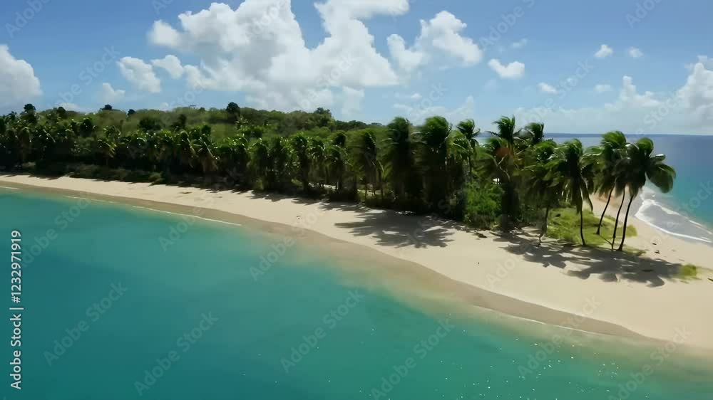 Poster a tropical island covered with palm trees overlooking a clean sandy beach. clouds float in the blue 