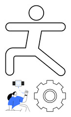 Minimalistic human figure in movement, person using tech gadget, gear icon. Ideal for innovation, progress, teamwork, technology, productivity, motion human-centric design abstract line flat