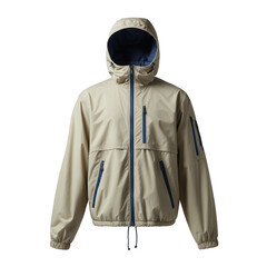 Light Beige Waterproof Jacket with Hood and Zippered Pockets isolated transparent background cutout