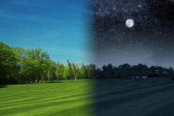 Day and night landscape, collage. Blue sky over green lawn on one side and dark sky with moon on opposite side