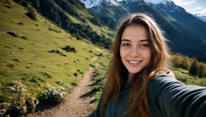 Naklejka premium A young woman makes a selfie on the background of the mountains in the spring.