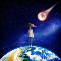 Woman standing on globe and protecting herself from falling asteroid with umbrella in space