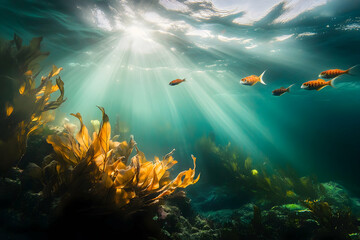 Underwater scene illuminated by sunbeams, showcasing marine life and tranquility