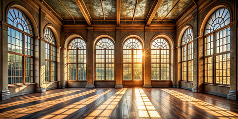 Obraz premium Sunlight streams into a vast room filled with arching windows. The warm light casts long shadows on the polished wooden floor, creating an inviting atmosphere as day breaks