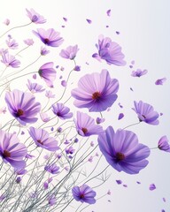 Purple cosmos flowers blowing in wind, petals falling, light background, ideal for spring themes