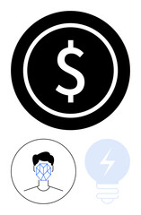 Black coin with dollar sign, human face with a geometric recognition grid, and light bulb with lightning. Ideal for finance, AI, technology, innovation, security, energy abstract line flat metaphor
