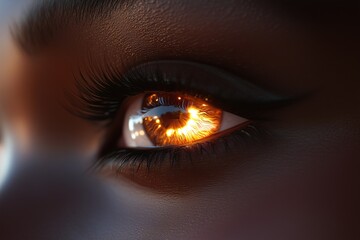 Naklejka premium Detailed close-up of a womana??s radiant bronze eye, with glowing highlights and smooth gradients in the iris, captured in