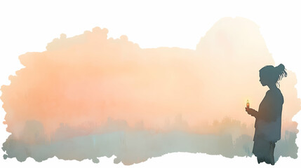 Silhouette of woman holding candle at sunset.