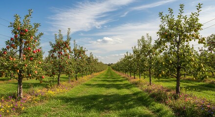 Scenic Apple Orchard Rows Under a Summer Sky