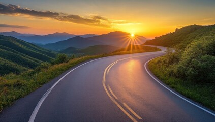 Majestic Sunset Over Winding Mountain Road