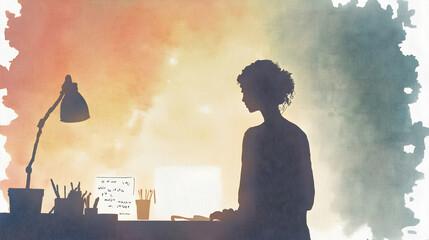 Silhouette of woman working at desk at night.