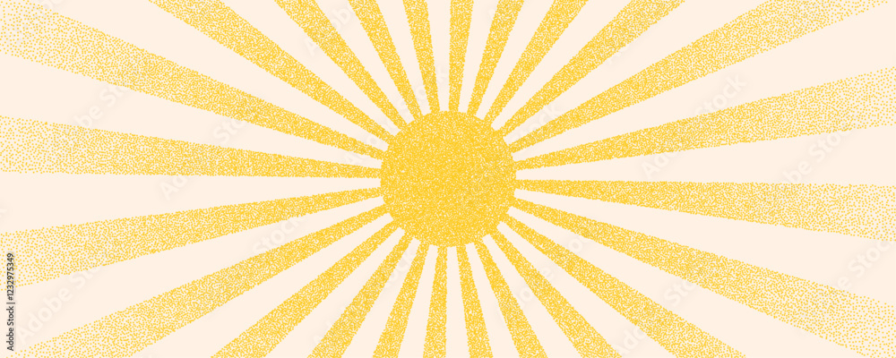 Poster Yellow abstract background with retro sun shine rays with dots grain stipple texture. Abstract halftone starburst in trendy childish, naive art style.