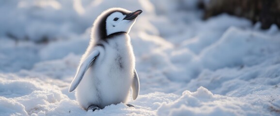 Fototapeta premium A fluffy baby penguin looks up curiously at the overcast sky while standing on a snowy expanse. The cold winter environment emphasizes its adorable features and curious nature
