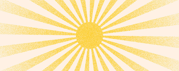 Yellow abstract background with retro sun shine rays with dots grain stipple texture. Abstract halftone starburst in trendy childish, naive art style.