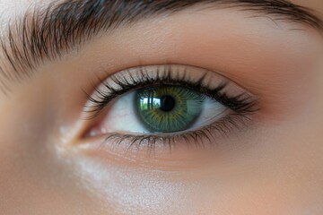 Fototapeta premium Detailed macro of a womana??s light jade green eye, showcasing vibrant detailing within the iris and subtle sclera veins, captured in