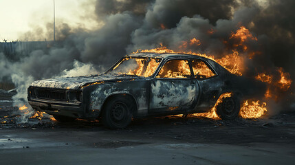 Burning car on the side of the road