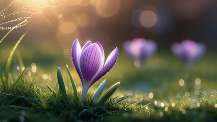 Dew-covered purple crocus blooming in morning sunlight