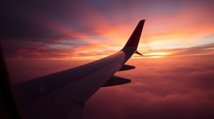 Obraz premium Airplane wing through window during a vibrant sunset