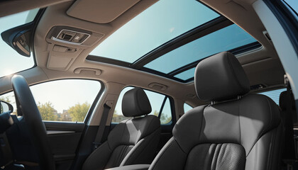 Luxurious car interior featuring comfortable leather seats and a panoramic sunroof allowing sunlight to fill the cabin, creating a warm and inviting atmosphere