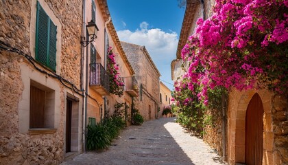 Fototapeta premium Generated image A narrow alley in Pollença with vibrant bougainvillea climbing up stone walls 