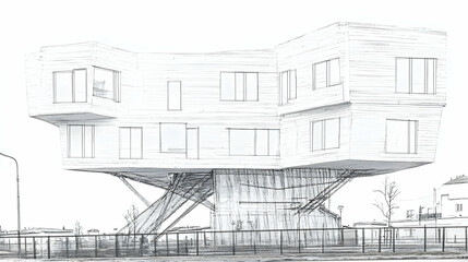 Fototapeta premium Sketch of a modern, elevated building with unique architecture and design.