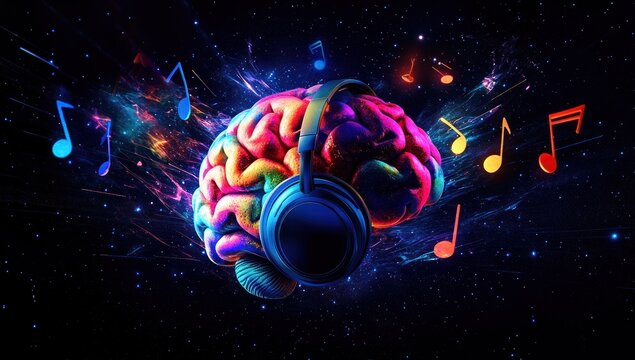 Mind Blowing Music: A vibrant brain immersed in a cosmic soundscape, expressing the power of music on the mind.