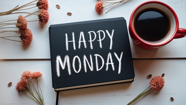  flat lay of a black notebook with the words "Happy Monday" written on it in white chalk. The notebook is placed on a white wooden surface with a red mug of coffee next to it. 
