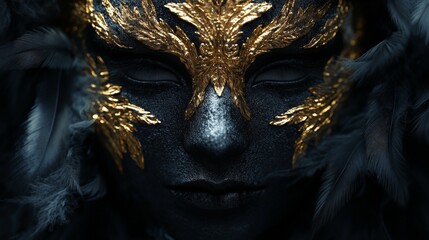 A luxurious black and gold masquerade mask with ornate designs and feathers, highlighting elegance and mystery.