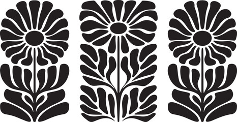 groovy floral botanical black background in trendy naive retro hippie 60s 70s style | Groovy abstract flower posters | Floral doodle patterns | silhouette abstract wavy flower | Vector in simple