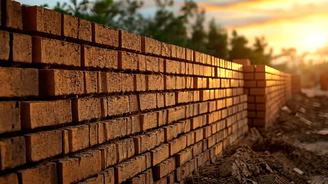 Neatly organized stacks of red clay bricks in the center of a construction site, with sunlight accentuating their uniformity and robust design.