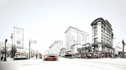 Naklejka premium Sketch-style city street scene with buildings, cars, and pedestrians.