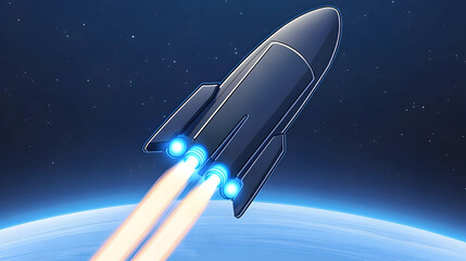 Sleek spaceship launching into space, leaving Earth's atmosphere.