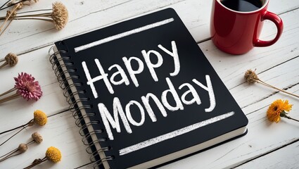  flat lay of a black notebook with the words "Happy Monday" written on it in white chalk. The notebook is placed on a white wooden surface with a red mug of coffee next to it. 