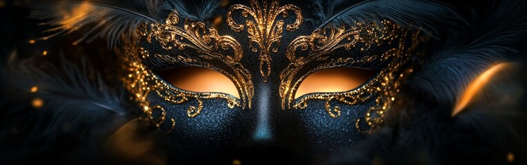 A luxurious black and gold masquerade mask with ornate designs and feathers, highlighting elegance and mystery.