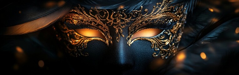 A luxurious black and gold masquerade mask with ornate designs and feathers, highlighting elegance and mystery.