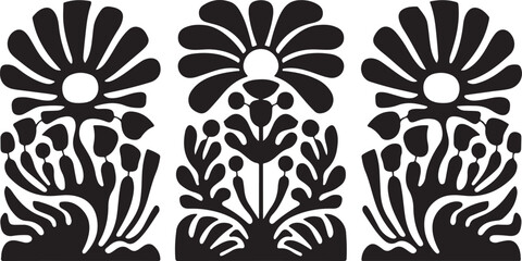 groovy floral botanical black background in trendy naive retro hippie 60s 70s style | Groovy abstract flower posters | Floral doodle patterns | silhouette abstract wavy flower | Vector in simple