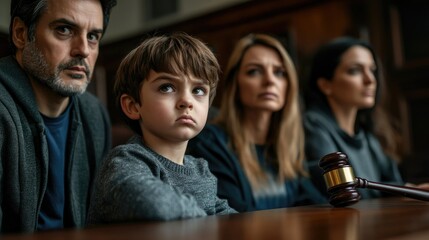 Fototapeta premium Sad boy sitting at a table in the background of his parents.