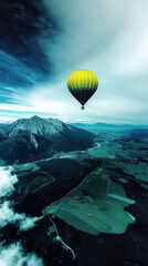 Aerial View of a Colorful Hot Air Balloon Over Serene Landscape