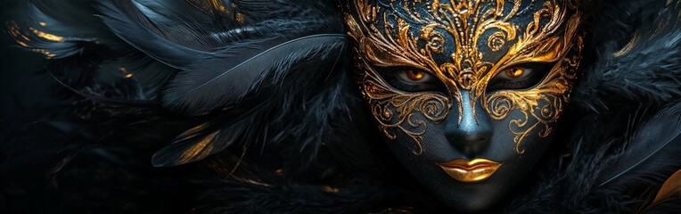 A luxurious black and gold masquerade mask with ornate designs and feathers, highlighting elegance and mystery.
