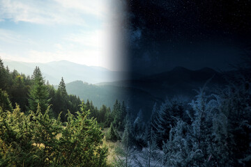 Majestic mountains by day and night. Time of day change, collage