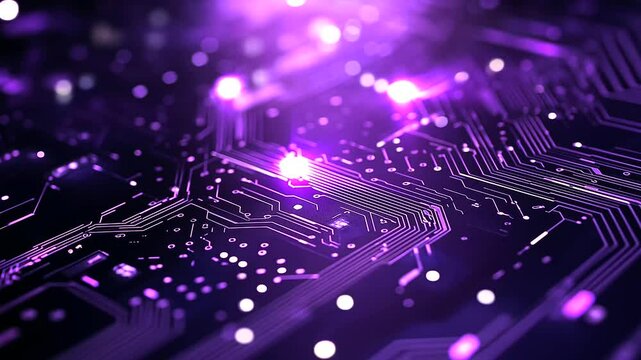 A purple metallic abstract background shimmers with a blend of polished and matte textures, its intricate patterns resembling futuristic circuitry illuminated by soft, radiant ligh