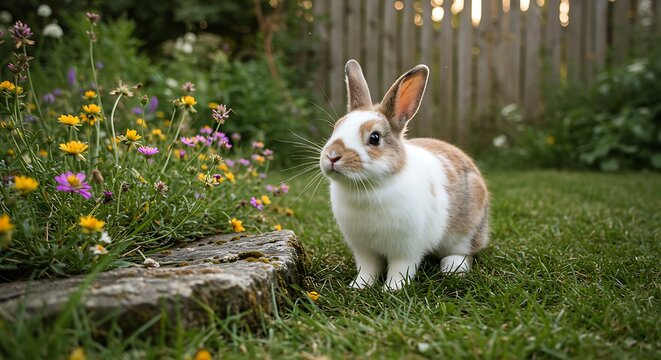 oli lapin blanc et marron dans un jardin printanier. Photo de stock pour la faune, la nature, les animaux de compagnie et les illustrations de contes.