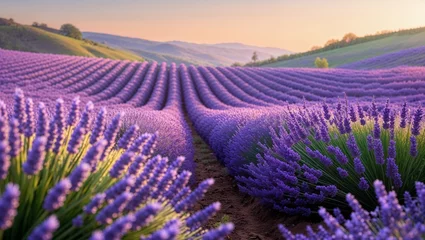 Gardinen Lavender fields in full bloom at sunset © AlIKY