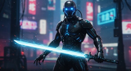 A futuristic cyborg warrior with glowing blue eyes, clad in sleek armor, wielding a plasma sword